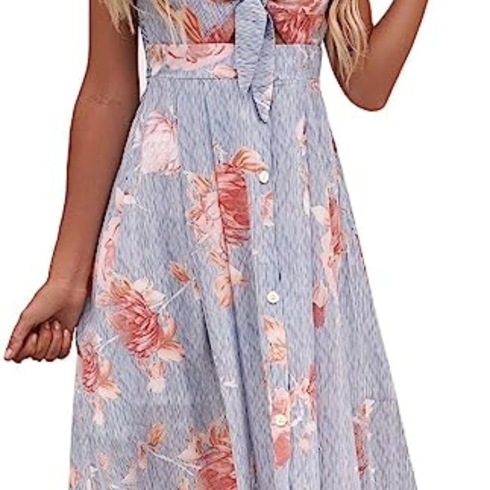 NWT FancyInn Blue Striped Pink Floral Front Cut Out Dress Size S Nautical Cotton - Picture 14 of 14